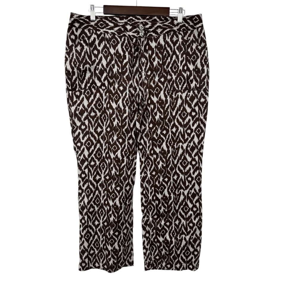 INC Petite 100% Linen Pants Ikat Print Brown White Drawstring Wide Leg 14P Vacay